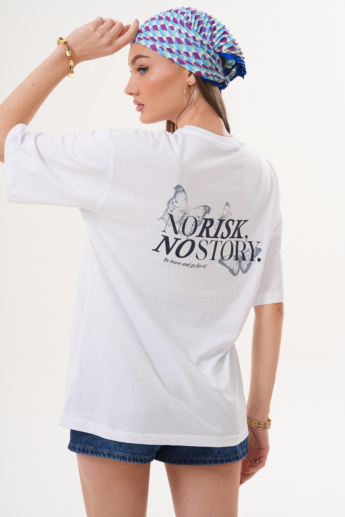 Kadın Sırt Baskı Detaylı Bisiklet Yaka Oversize Tişört 260261 -