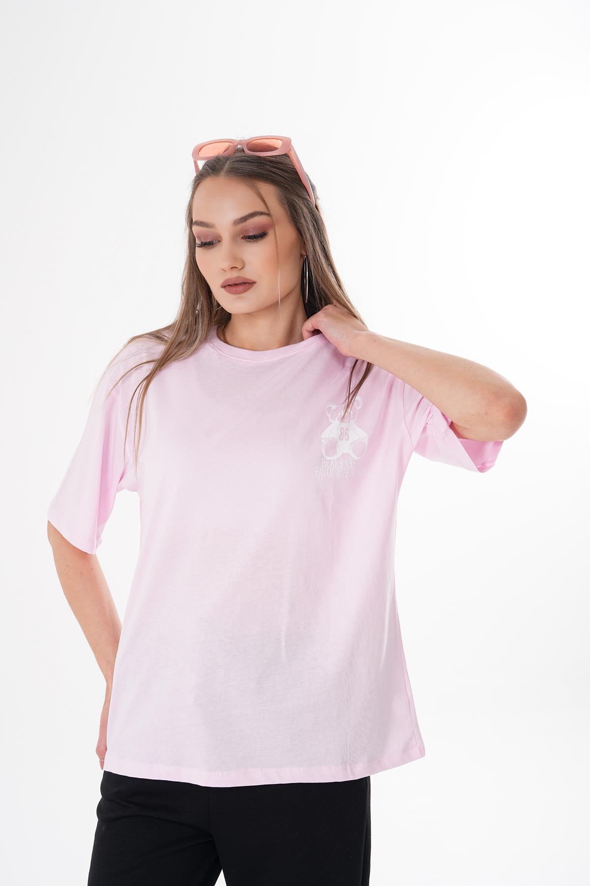 Kadın Sırt Baskı Detaylı Bisiklet Yaka Oversize Tişört 250182 -