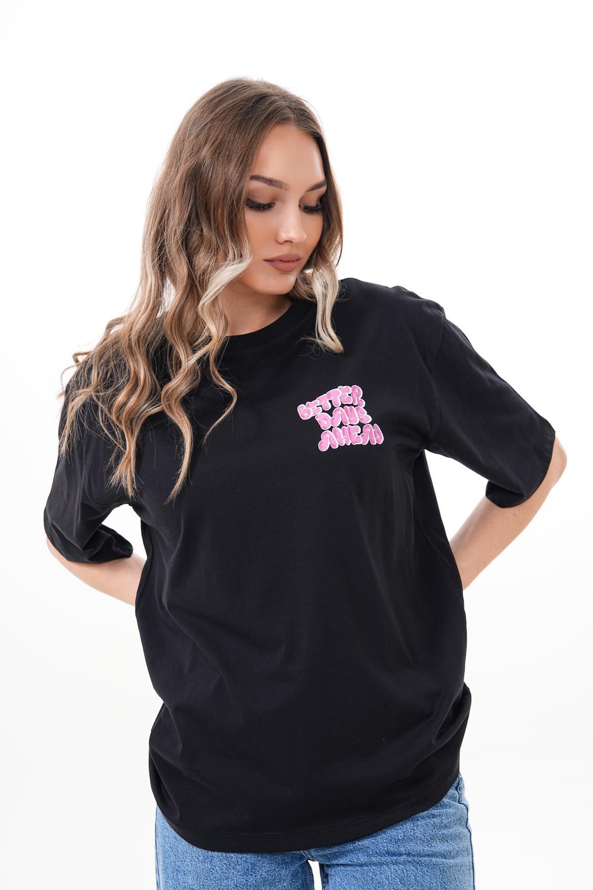 Kadın Sırt Baskı Detaylı Bisiklet Yaka Oversize Tişört 250151 -