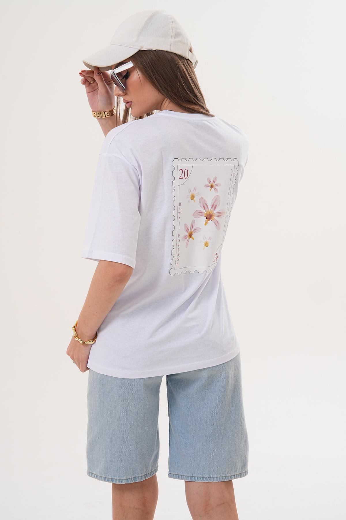 Kadın Sırt Baskı Detaylı Bisiklet Yaka Oversize Tişört 260153 -