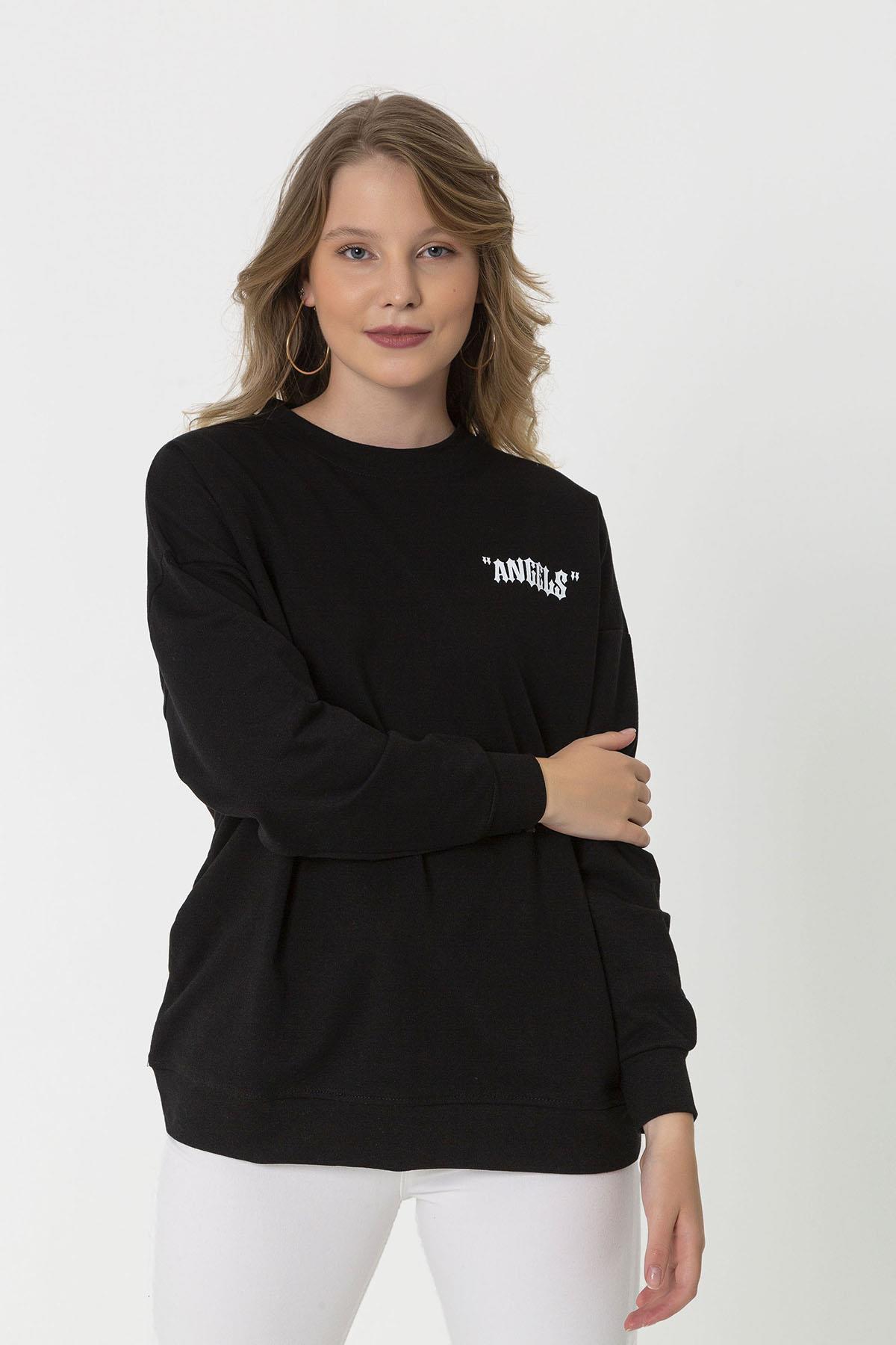 Kadın Sırt Baskı Detaylı Bisiklet Yaka Sweatshirt
