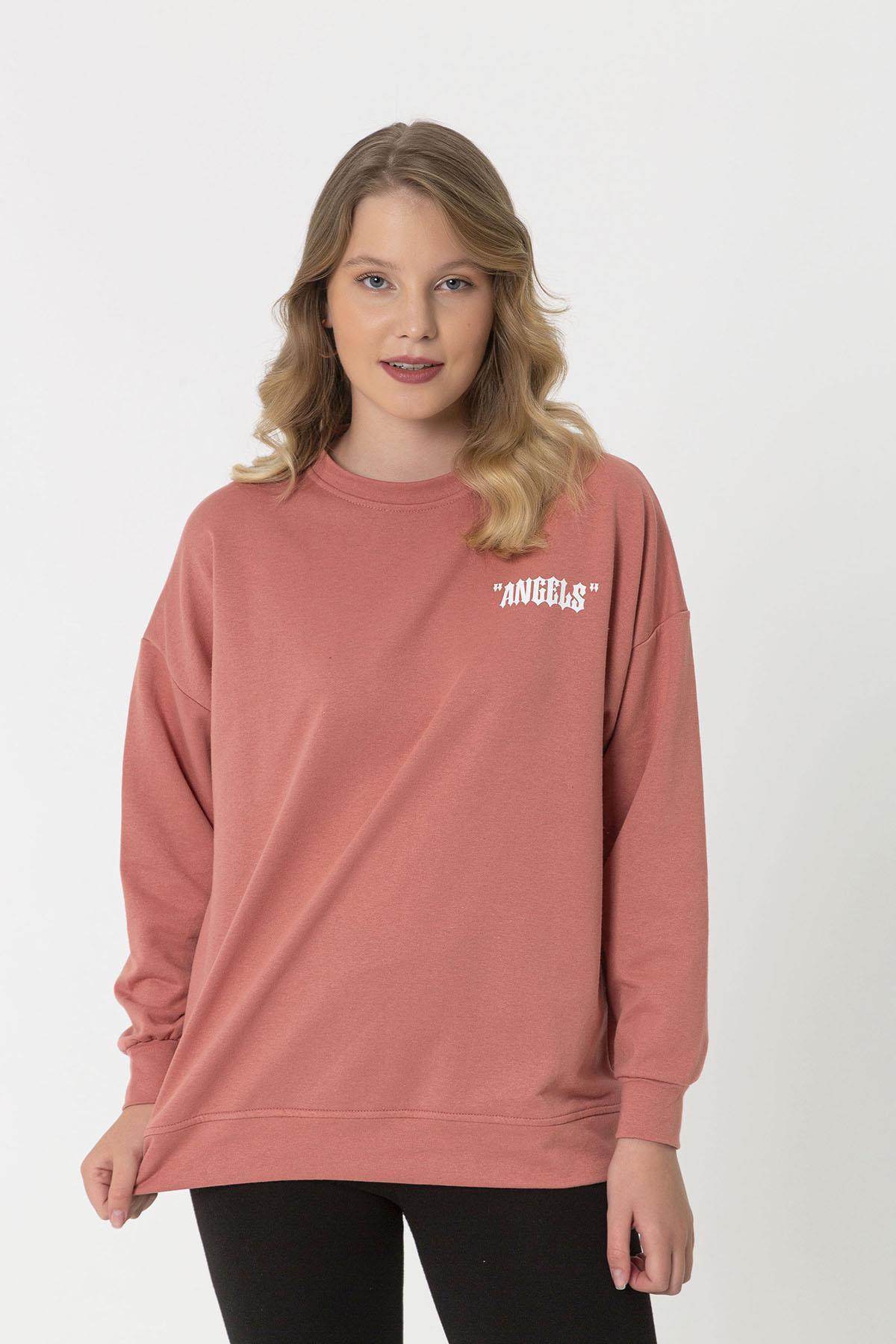 Kadın Sırt Baskı Detaylı Bisiklet Yaka Sweatshirt