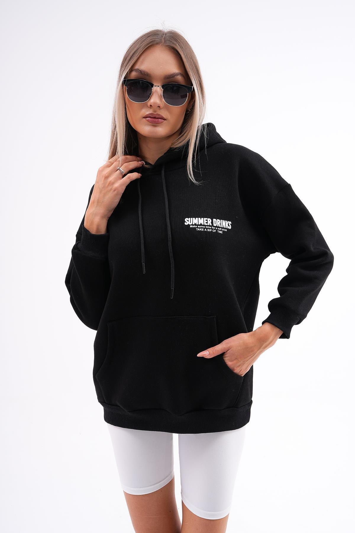 Kadın Sırt Baskı Detaylı Kapüşonlu Kanguru Cepli Üç İplik Sweatshirt 245121 -