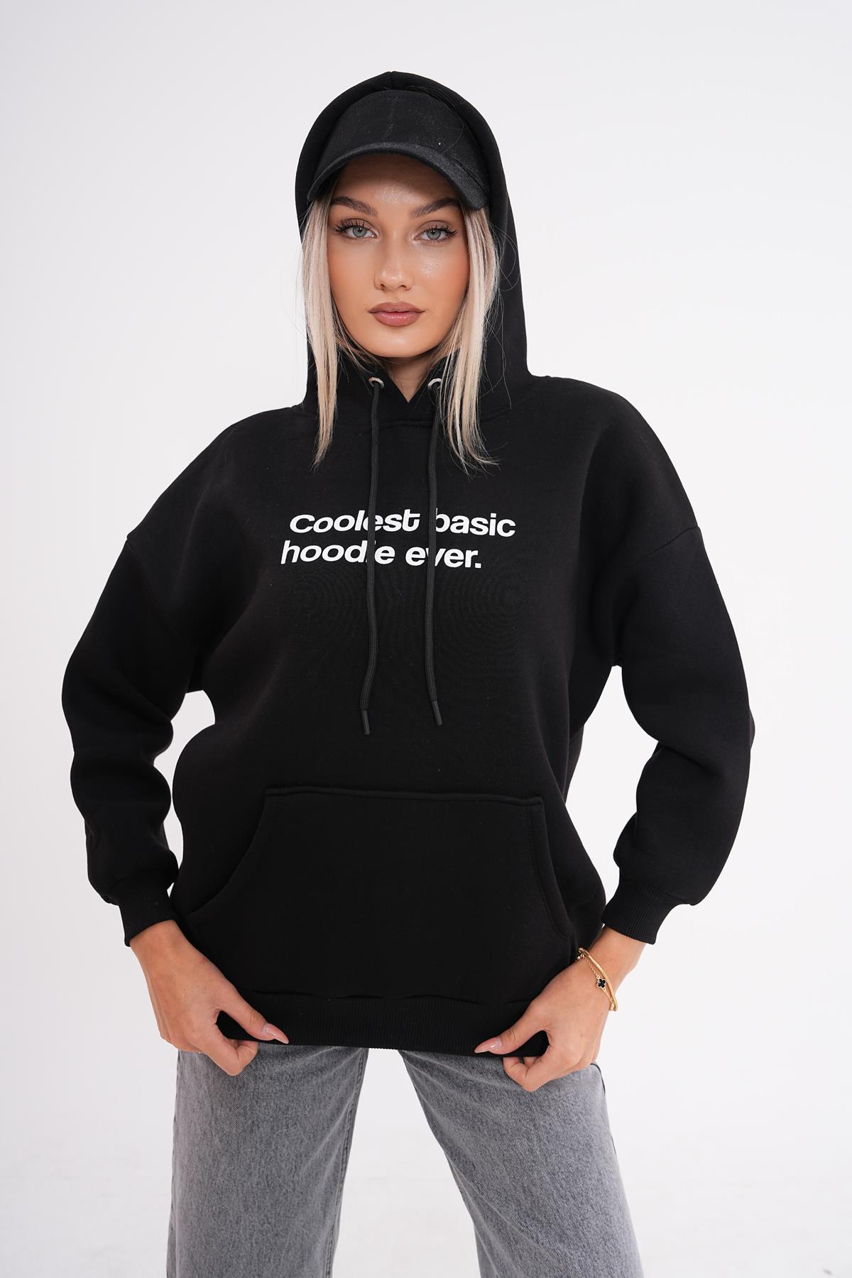 Kadın Sırt Baskı Detaylı Kapüşonlu Kanguru Cepli Üç İplik Sweatshirt 245207 -