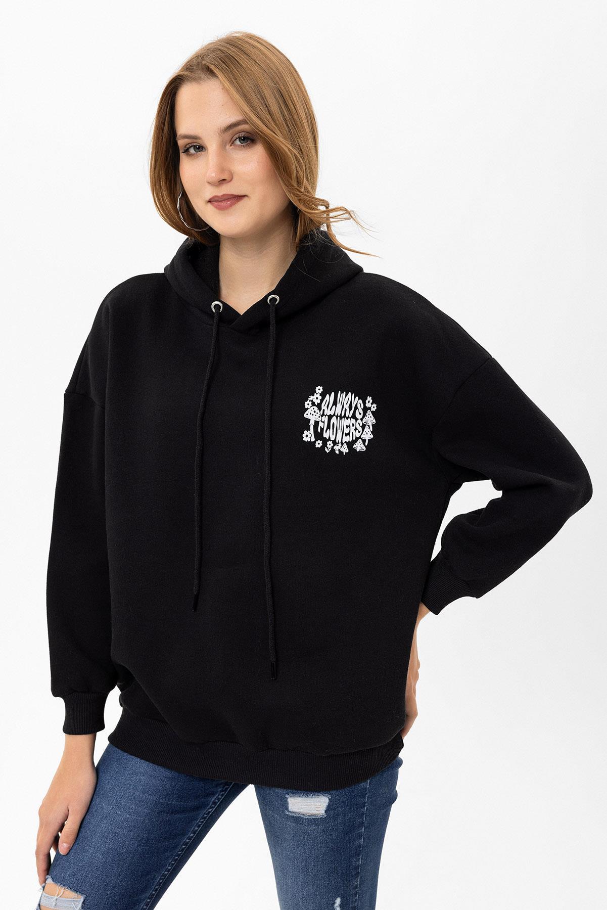 Kadın Sırt Baskı Detaylı Kapüşonlu Üç İplik Oversize Sweatshirt