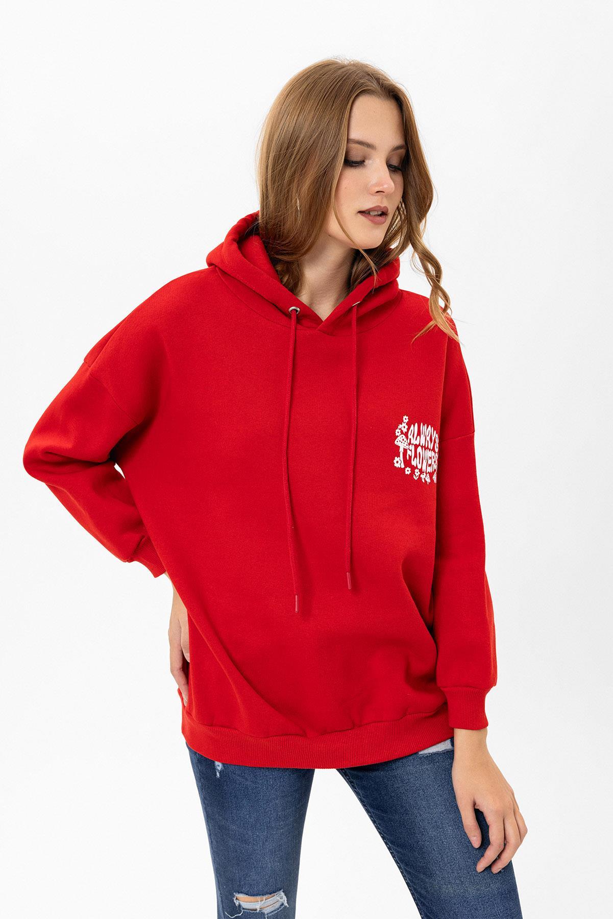 Kadın Sırt Baskı Detaylı Kapüşonlu Üç İplik Oversize Sweatshirt