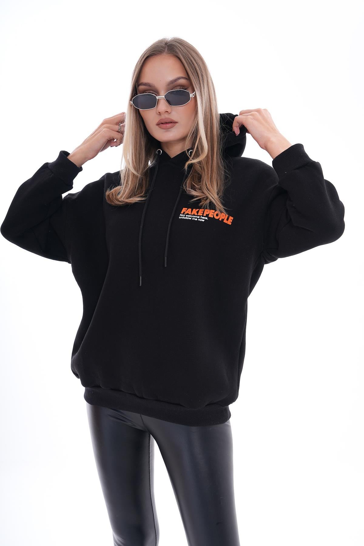 Kadın Sırt Baskı Detaylı Kapüşonlu Üç İplik Sweatshirt 245126 -