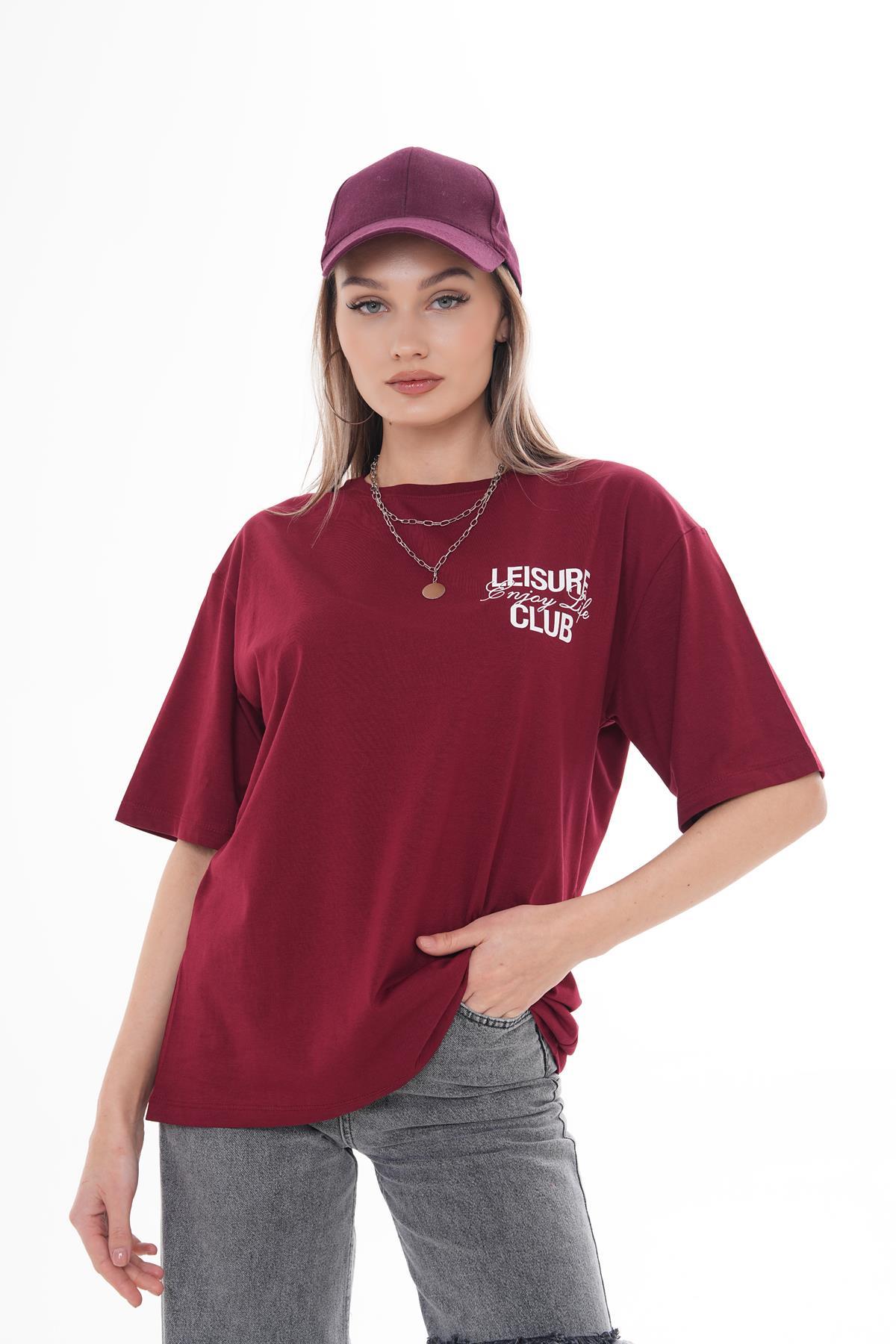 Kadın Sırt Baskılı Bisiklet Yaka Oversize Tişört 250111 -