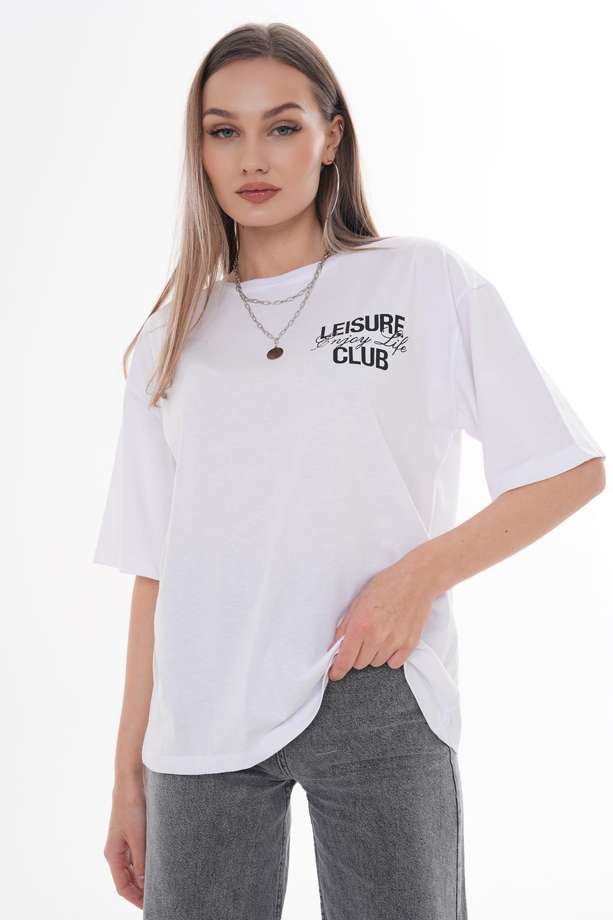 Kadın Sırt Baskılı Bisiklet Yaka Oversize Tişört 250111 -