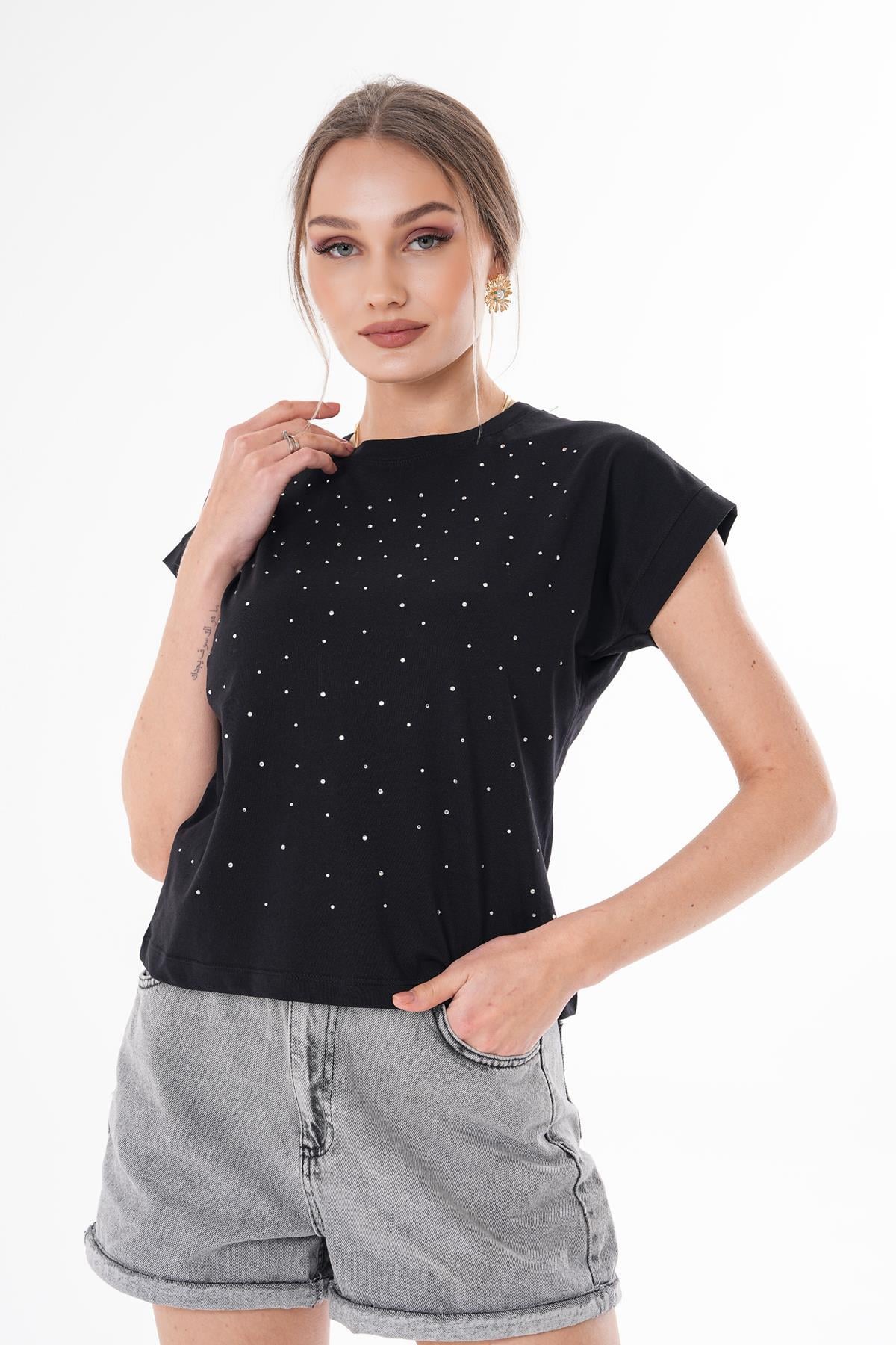 Kadın Taş Detaylı Bisiklet Yaka Oversize Tişört 250063 -