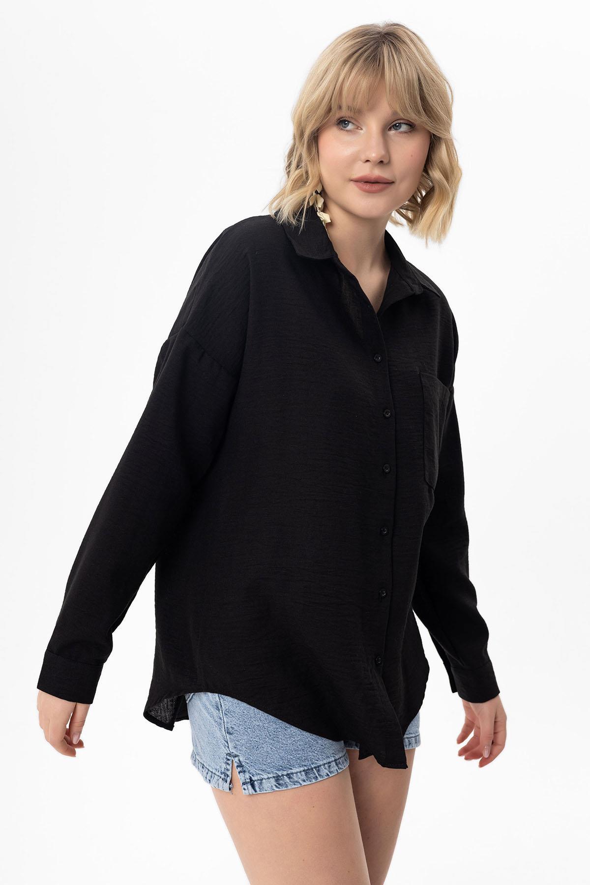 Kadın Tek Cep Detaylı Oversize Gömlek