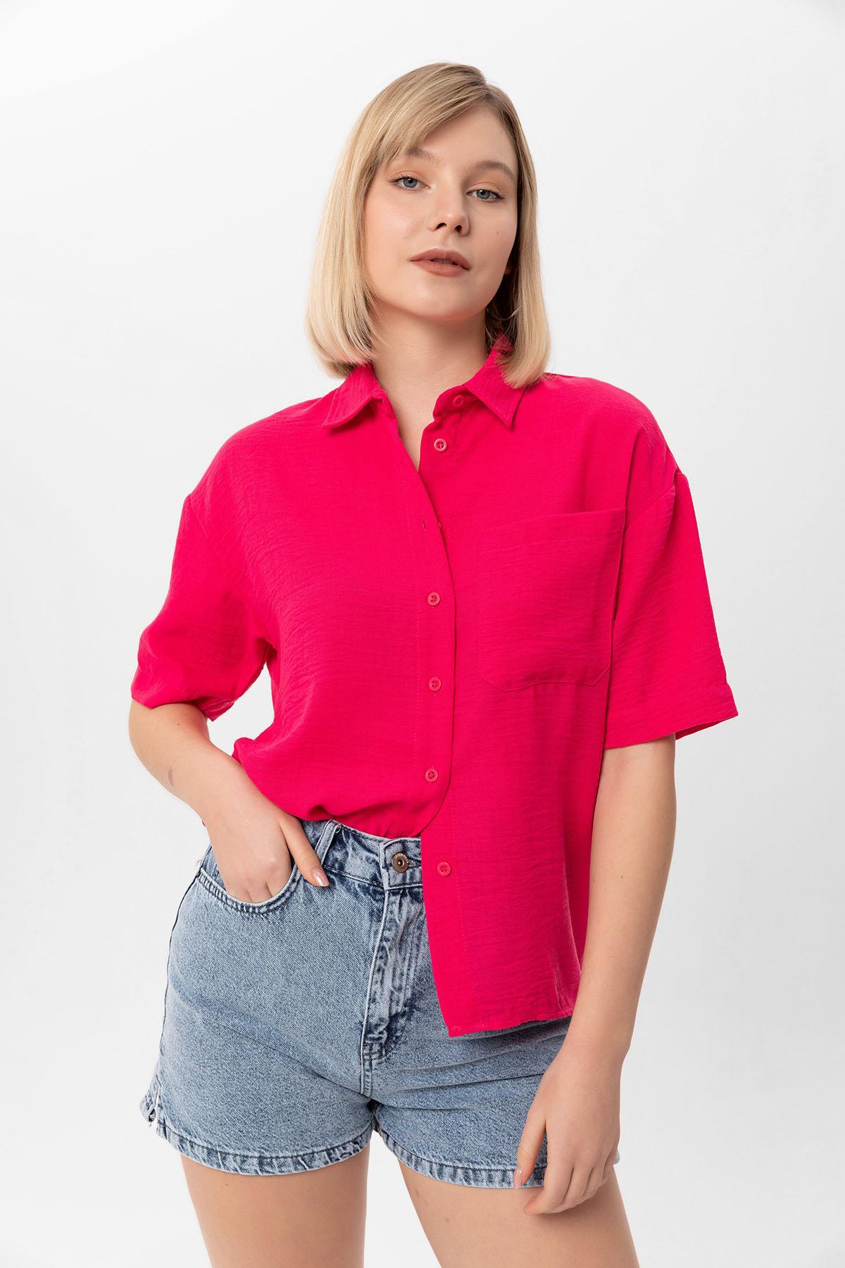Kadın Tek Cepli Oversize Keten Gömlek