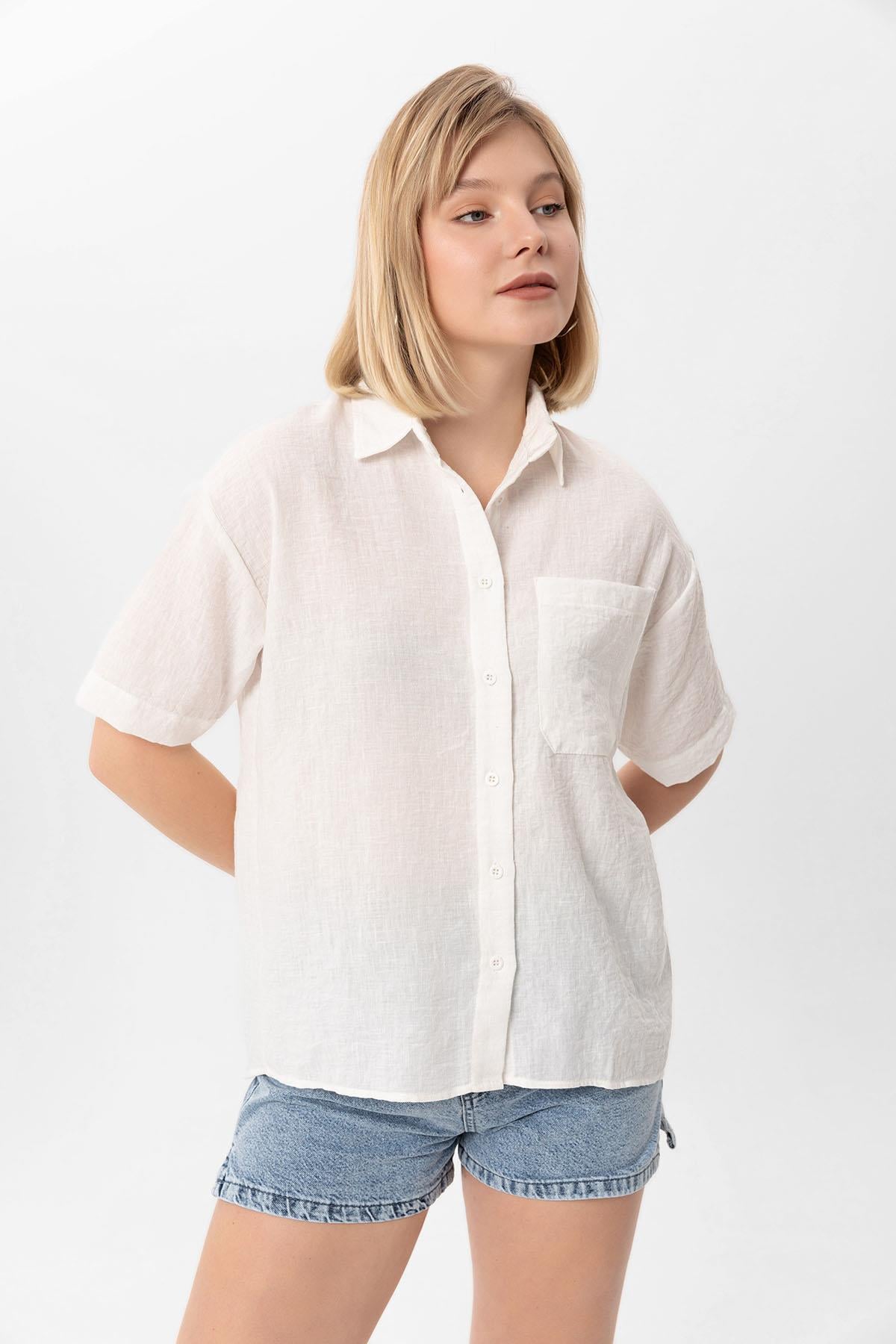 Kadın Tek Cepli Oversize Keten Gömlek