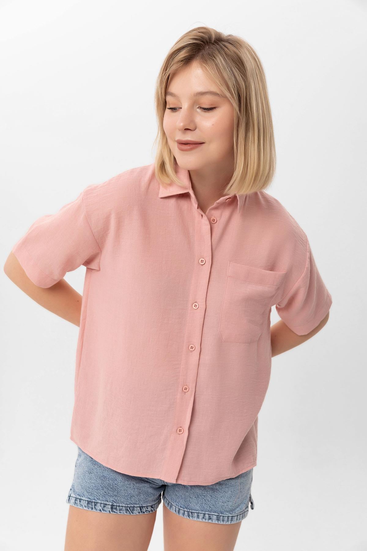 Kadın Tek Cepli Oversize Keten Gömlek