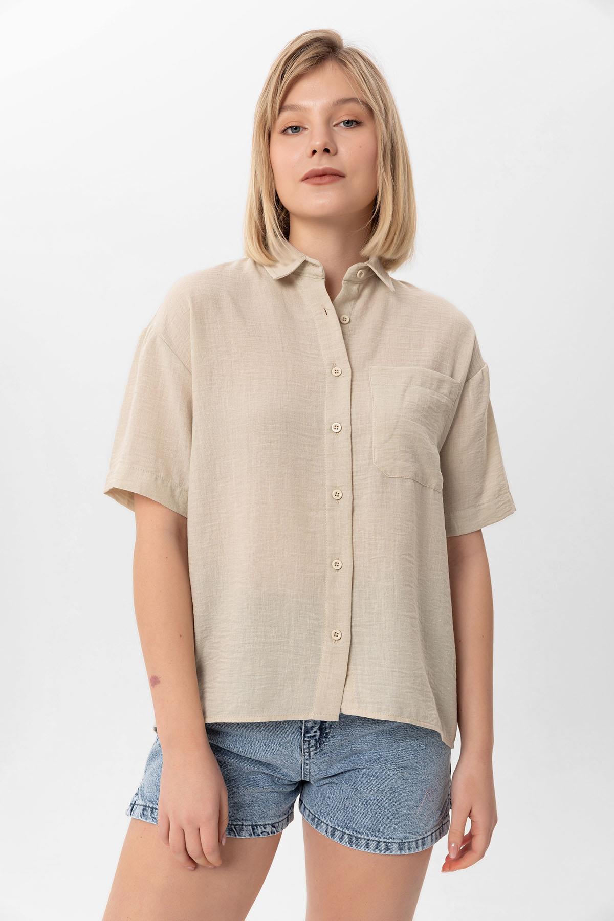 Kadın Tek Cepli Oversize Keten Gömlek