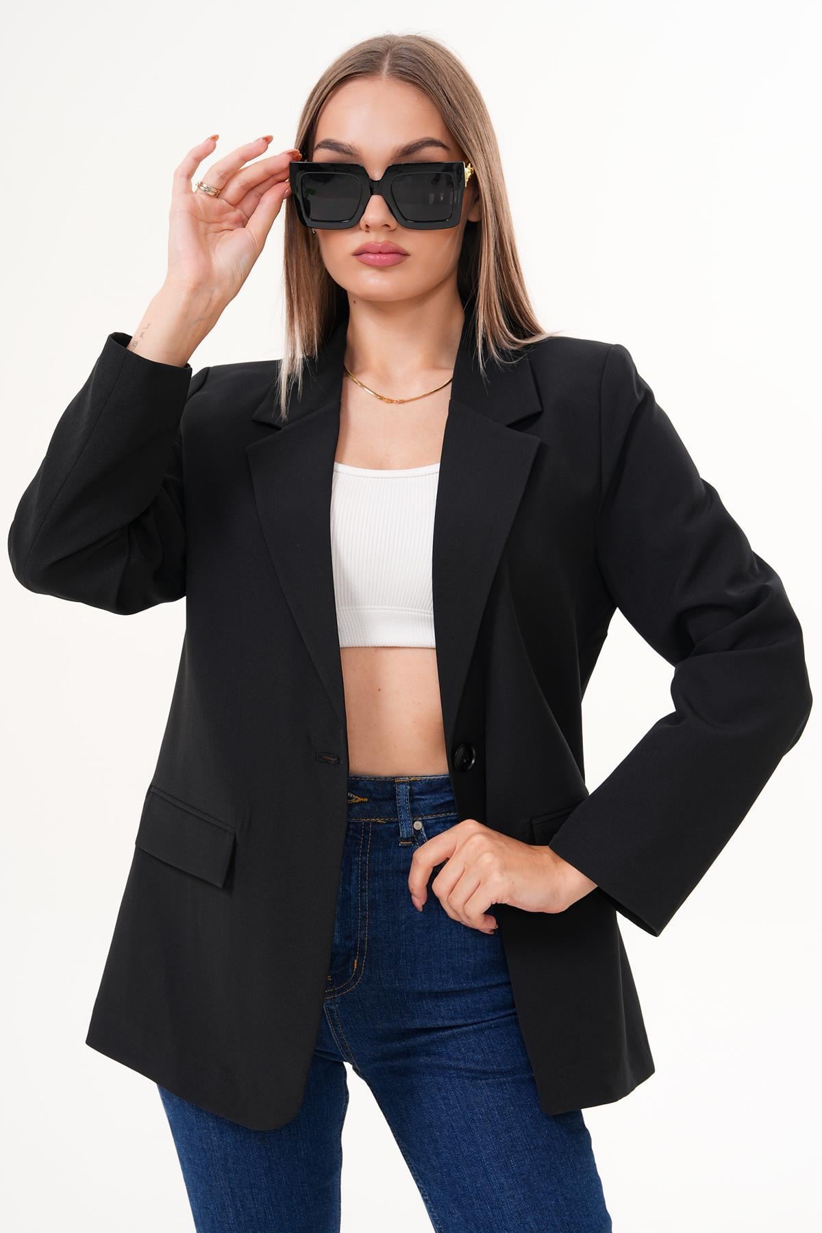 Kadın Tek Düğme Çift Cepli Blazer Ceket 255258 -