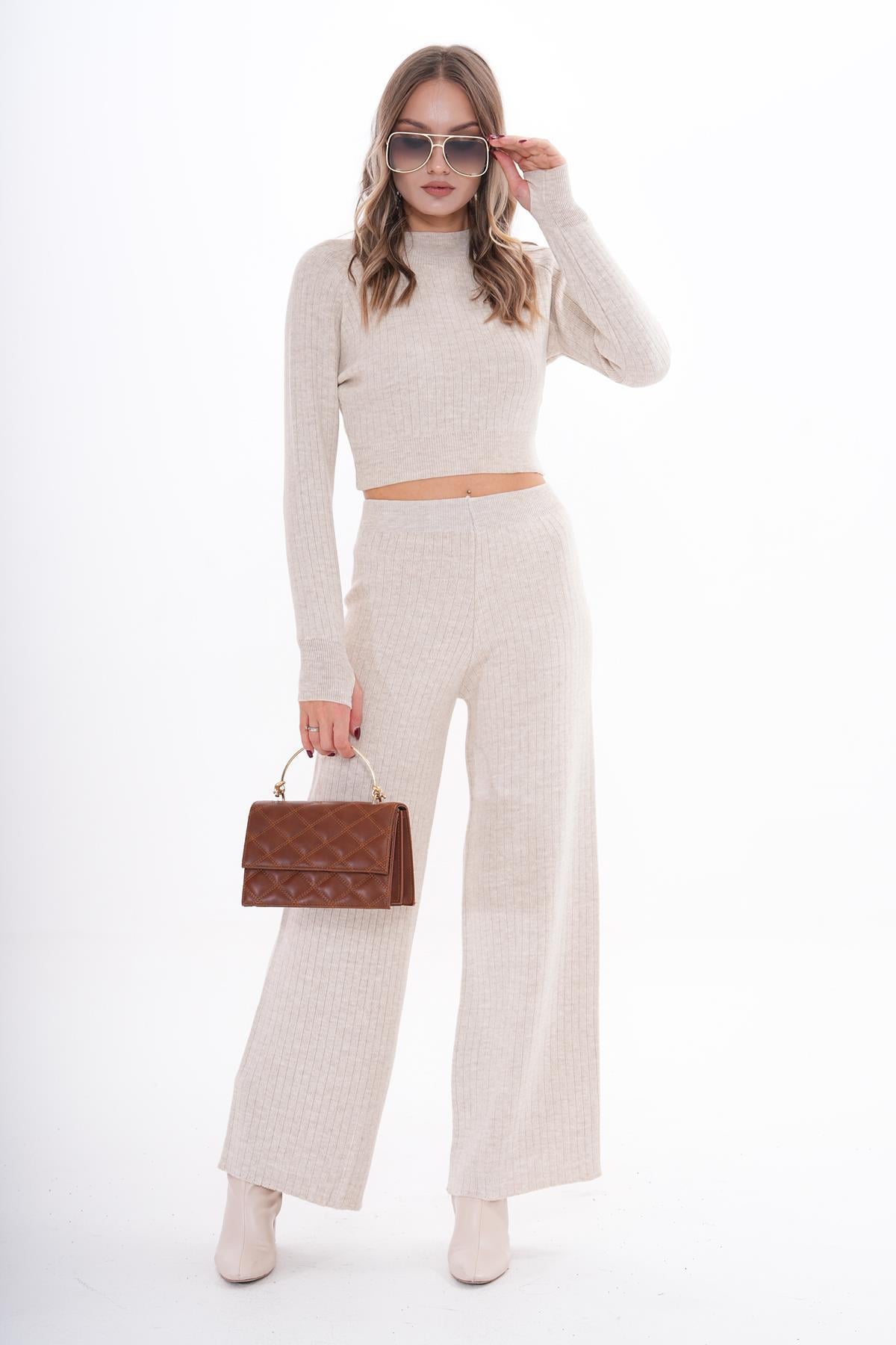 Kadın Triko Örme Pantolonlu Crop İkili Takım 255047 - 265002