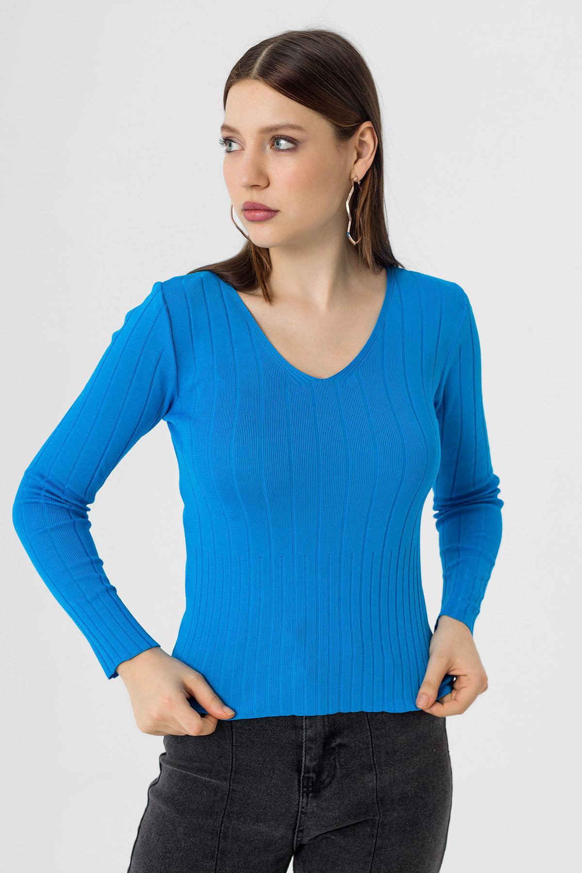 Kadın V Yaka Fitilli Kazak 245009 -