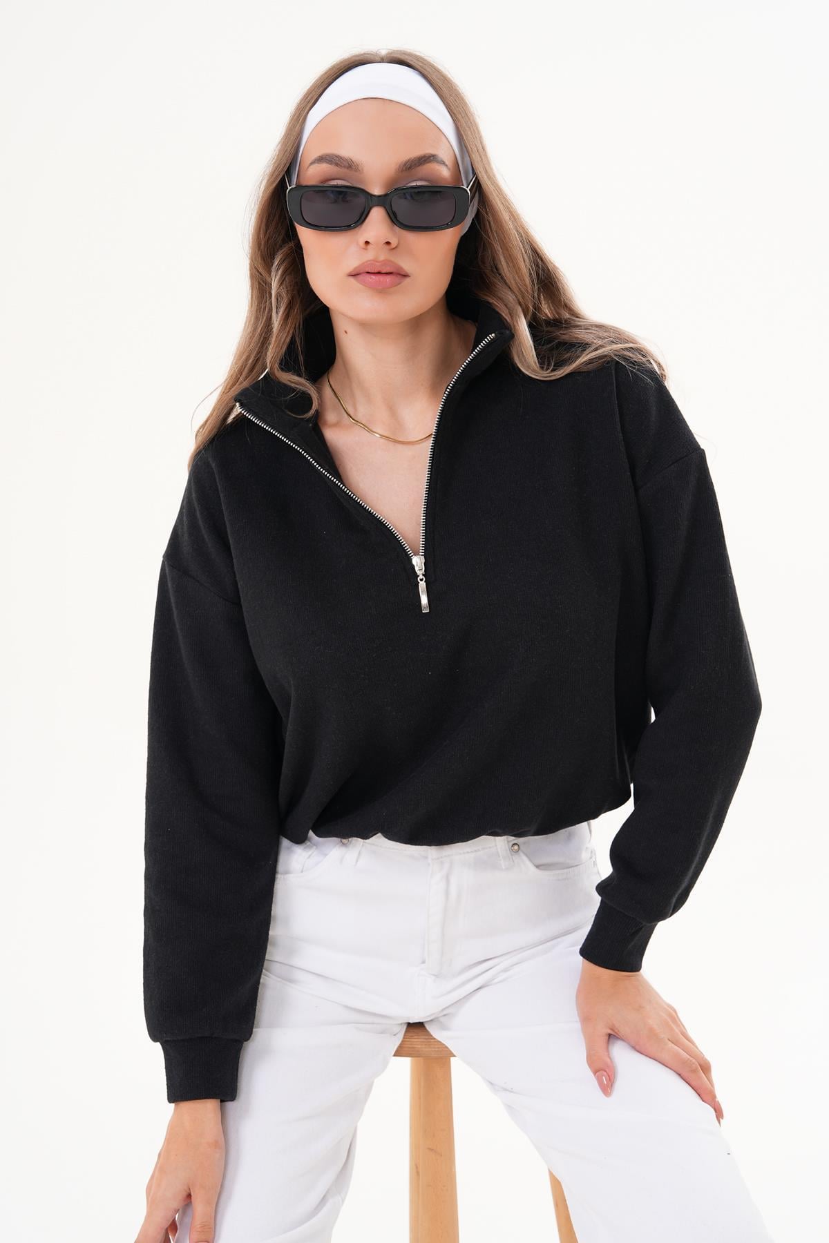 Kadın Yakası Fermuar Detaylı Selanik Örme Sweatshirt 255059 -