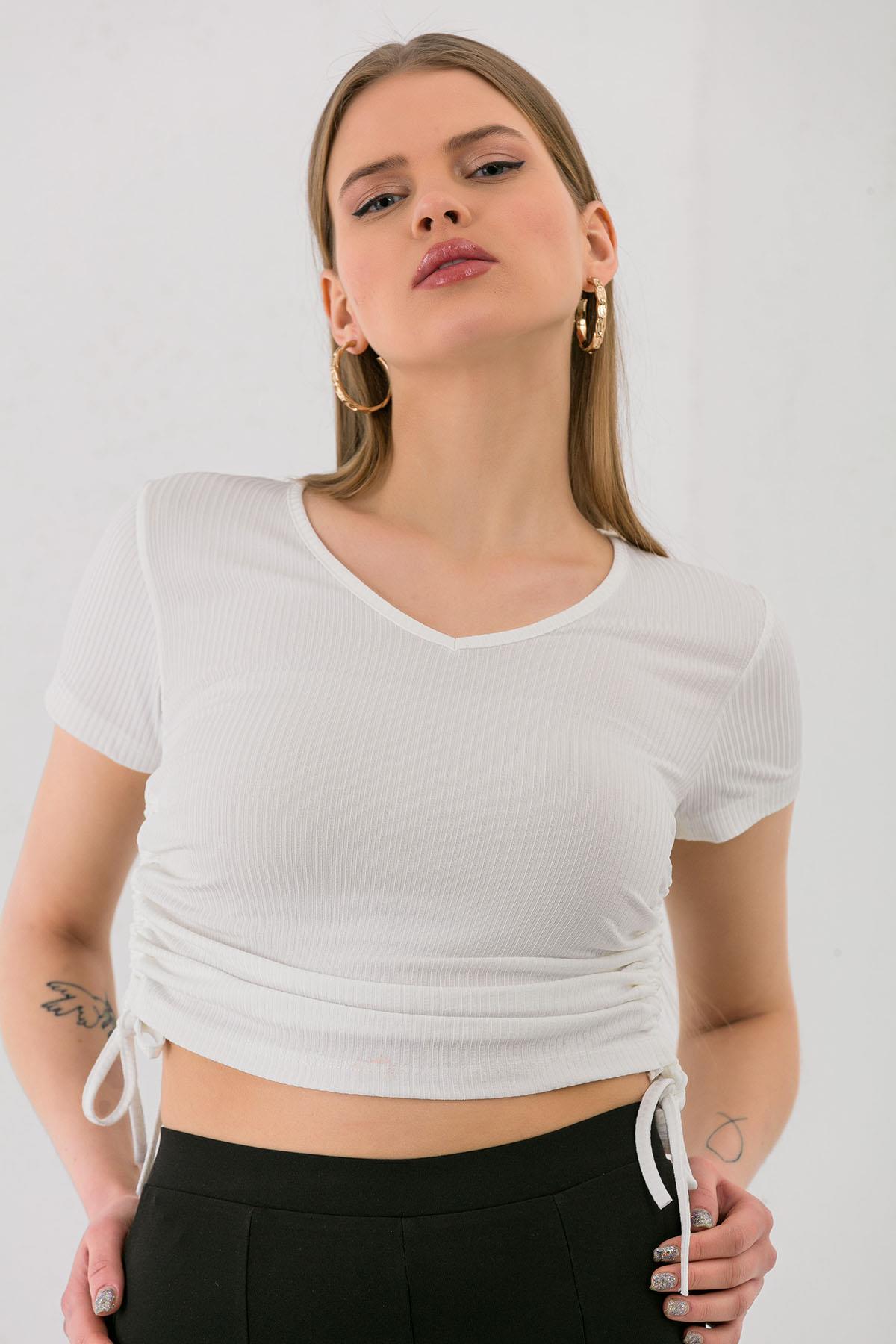 Kadın Yanı Büzgü Detaylı V Yaka Kaşkorse T-shirt 240007 -