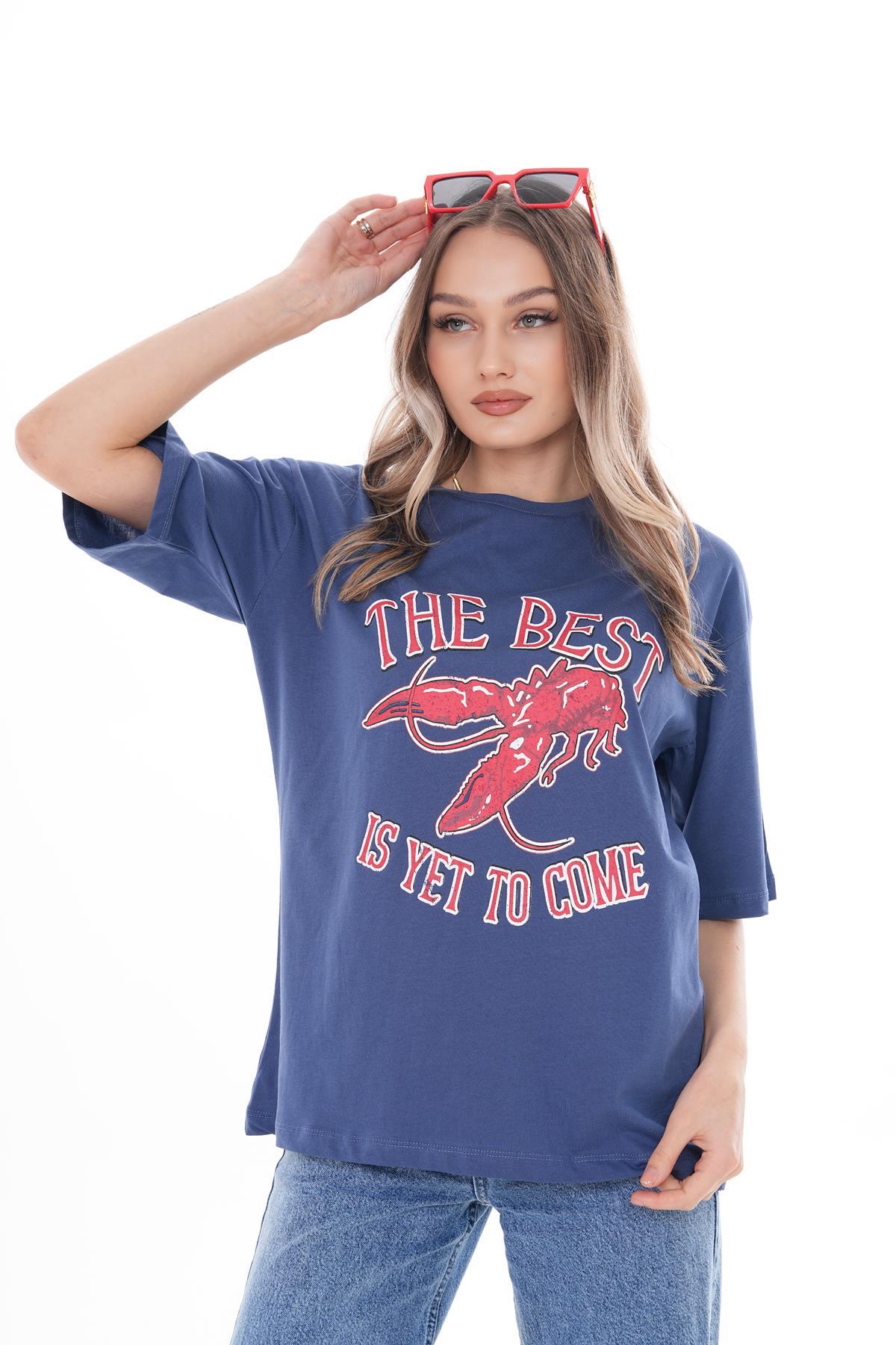 Kadın Yazı Baskılı Bisiklet Yaka Oversize Tişört 250103 -