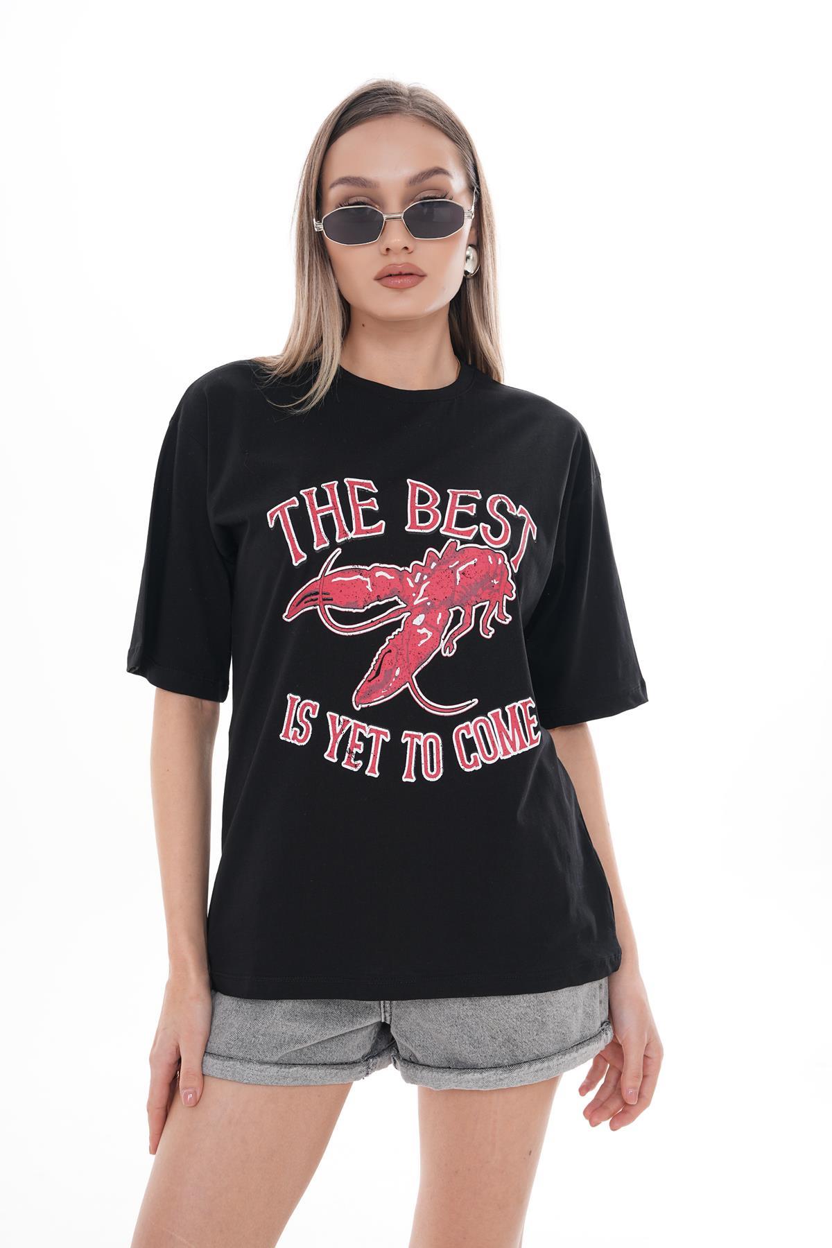 Kadın Yazı Baskılı Bisiklet Yaka Oversize Tişört 250103 -