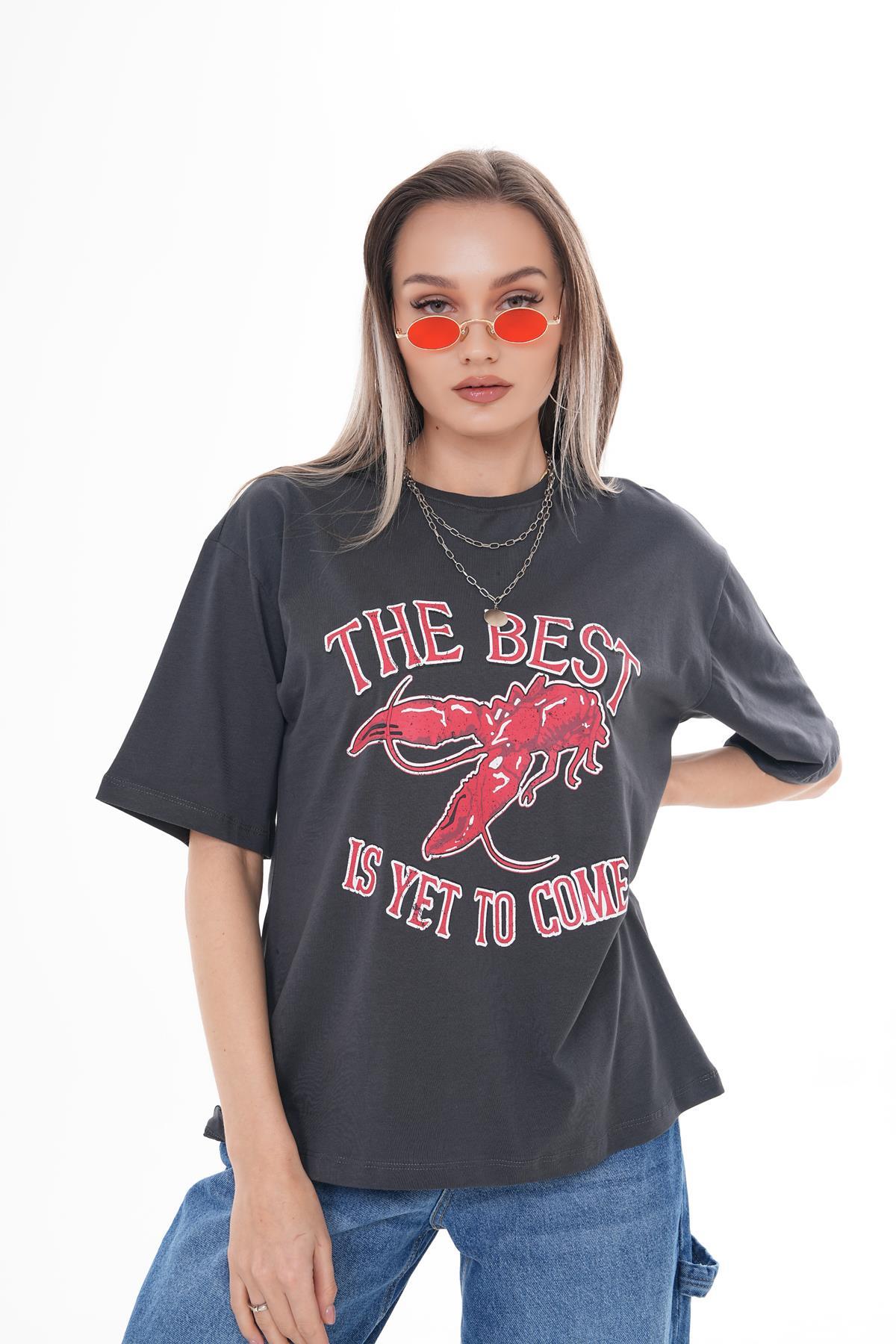 Kadın Yazı Baskılı Bisiklet Yaka Oversize Tişört 250103 -