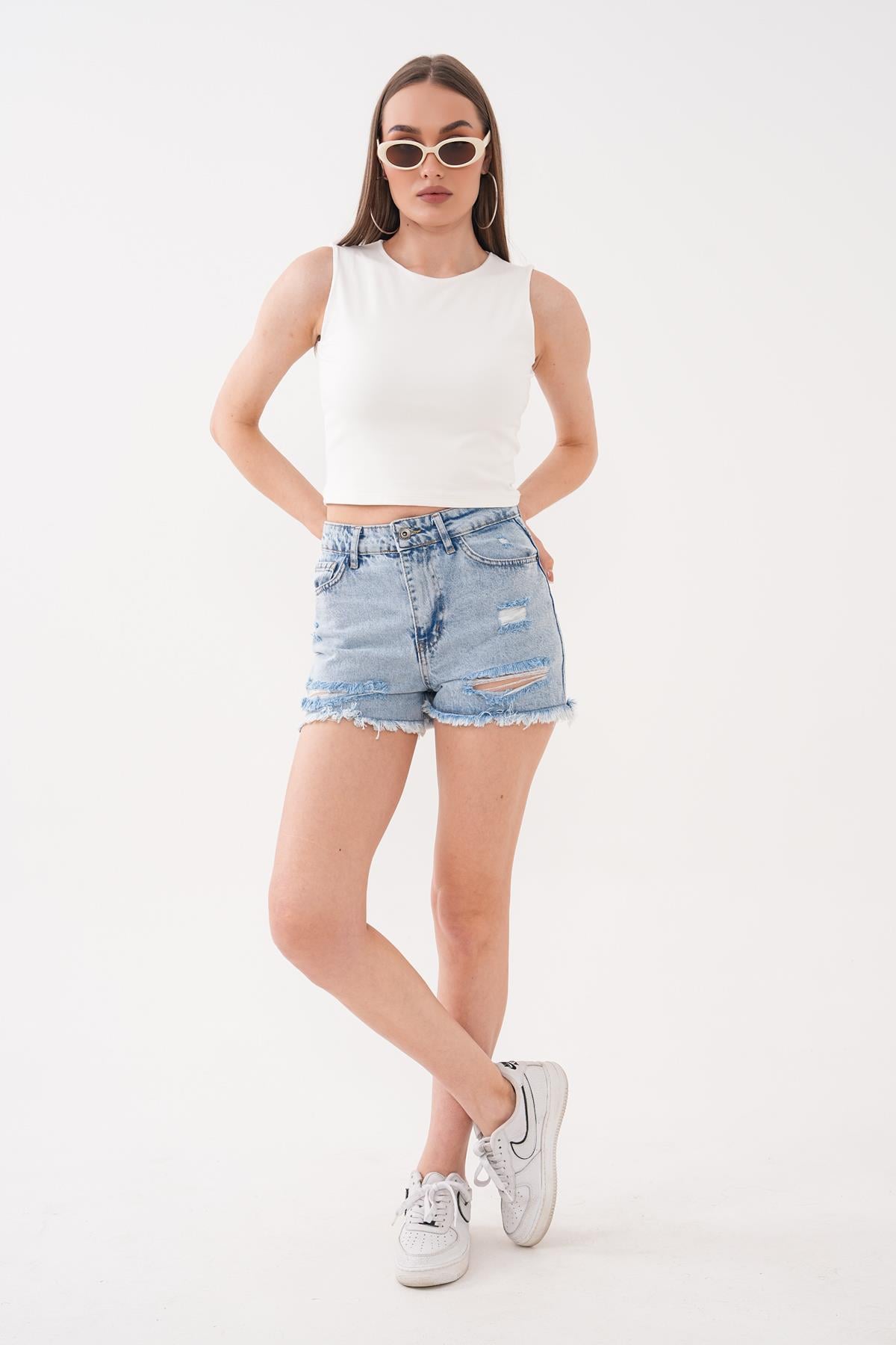 Kadın Yırtık Mini Kot Şort 260237 -