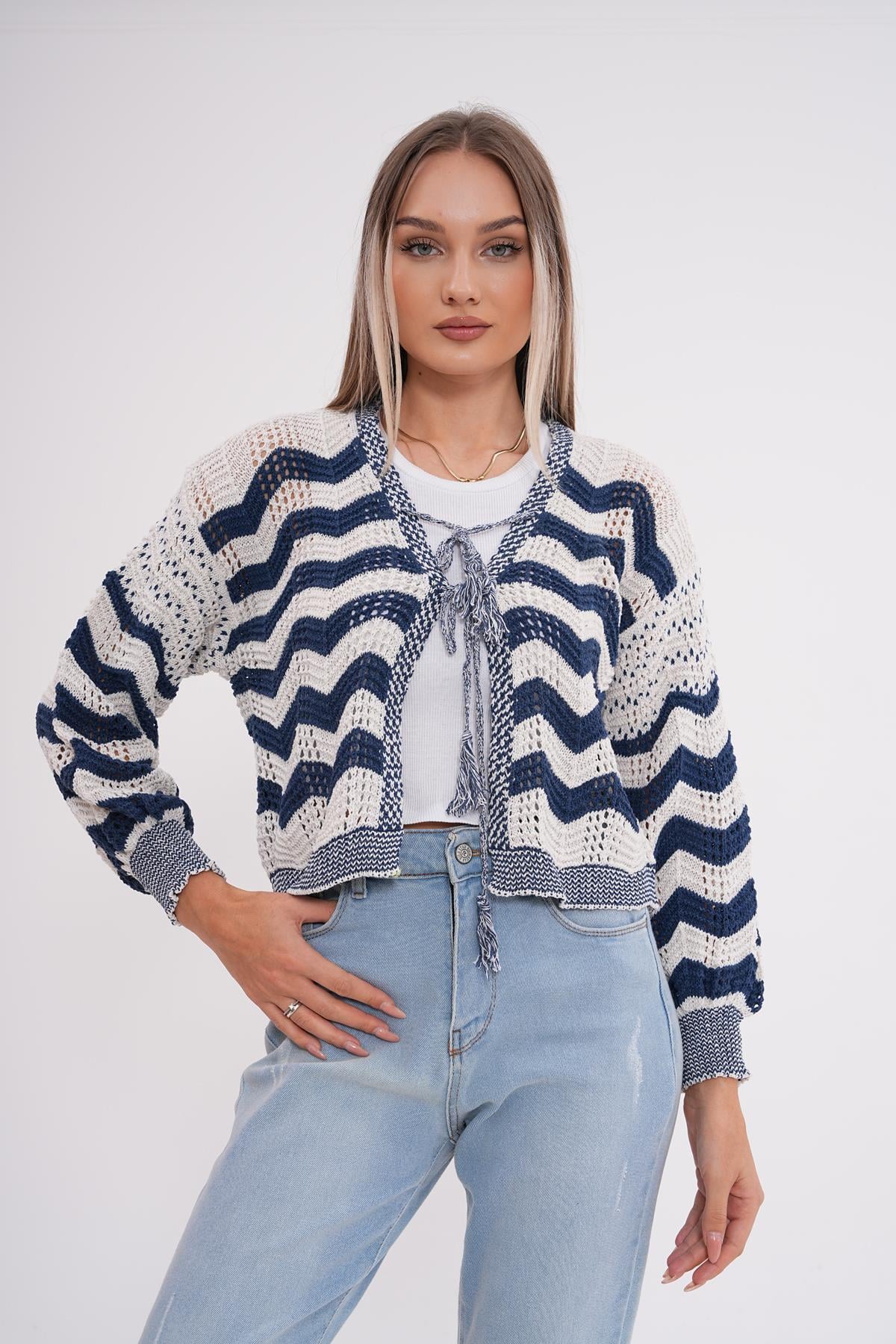 Kadın Zigzag Desenli Bağcık Detaylı Triko Örme Hırka 245298 -