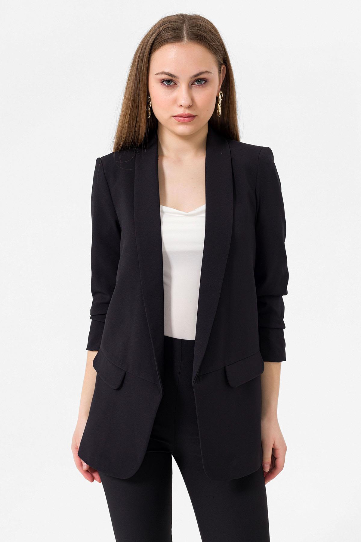 Kolu Büzgülü Cep Görünümlü Önü Açık Blazer Ceket 245095 -