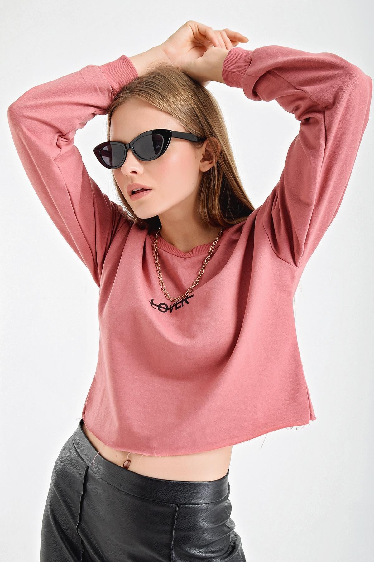 Lover Baskılı Lazer Kesim Bisiklet Yaka Sweat