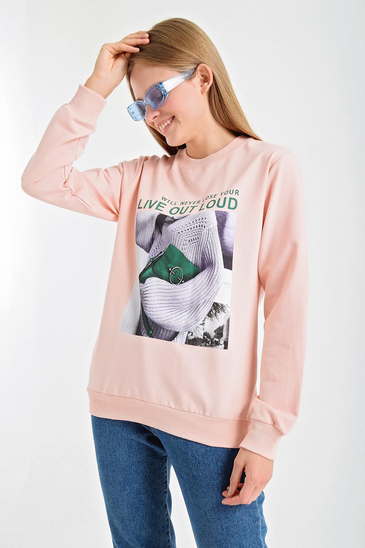 Önü Baskılı Bisiklet Yaka Sweatshirt