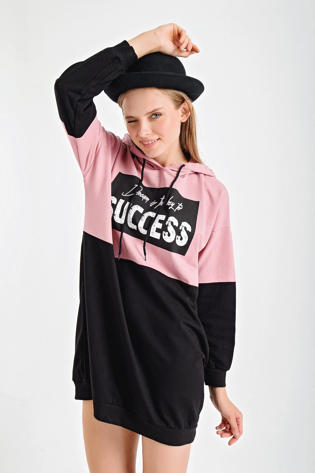 Succes Baskı Çift Renk Kapşonlu Sweat Elbise