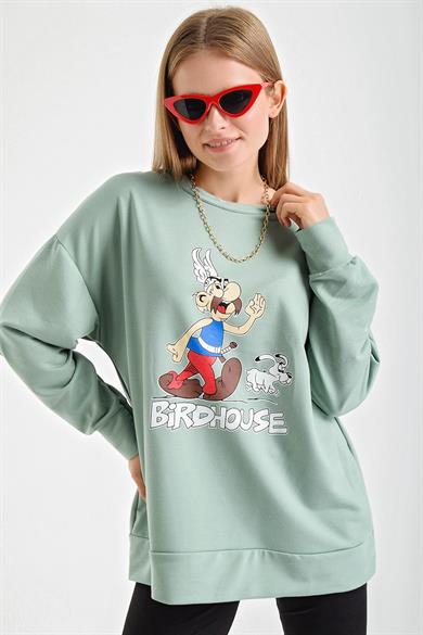 Asteriks Karakter Baskılı Bisiklet Yaka Sweatshirt