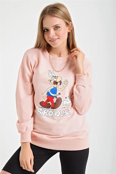 Asteriks Karakter Baskılı Bisiklet Yaka Sweatshirt