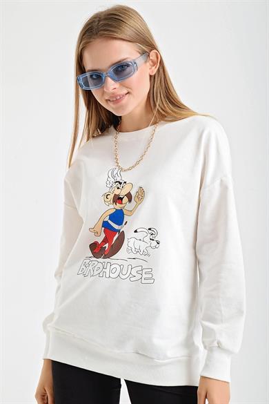 Asteriks Karakter Baskılı Bisiklet Yaka Sweatshirt