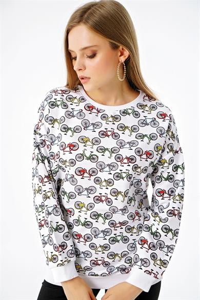 Bisiklet Grafik Desen Bisiklet Yaka Sweatshirt