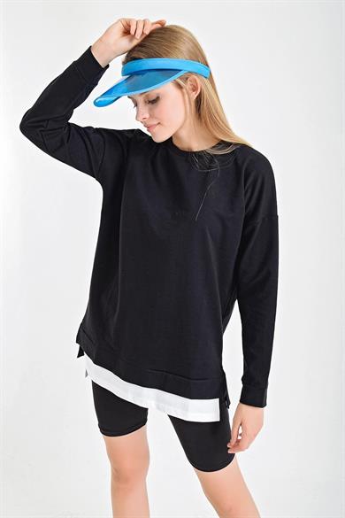 Eteği Çift Görünüm Detaylı Bisiklet Yaka Sweatshirt