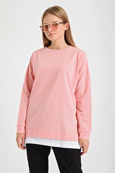 Eteği Çift Görünüm Detaylı Bisiklet Yaka Sweatshirt