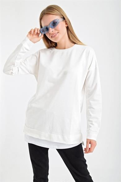 Eteği Çift Görünüm Detaylı Bisiklet Yaka Sweatshirt