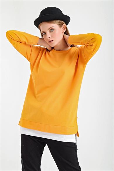 Eteği Çift Görünüm Detaylı Bisiklet Yaka Sweatshirt
