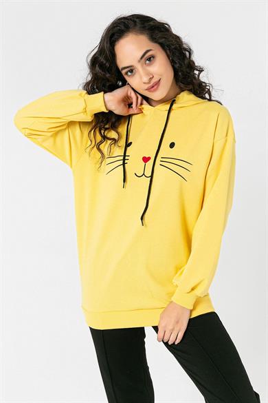 Kadı Önü Baskı Detaylı Kapüşonlu Oversize Sweatshirt
