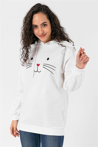 Kadı Önü Baskı Detaylı Kapüşonlu Oversize Sweatshirt