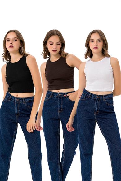 Kadın 3lü Paket Bisiklet Yaka Pamuklu Örme Bluz