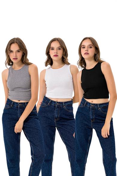 Kadın 3lü Paket Bisiklet Yaka Pamuklu Örme Bluz