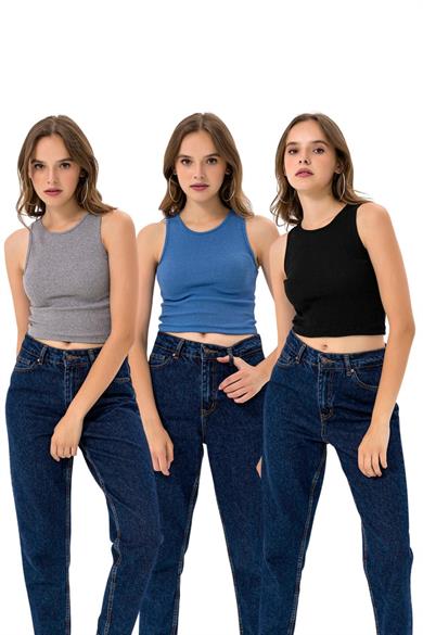 Kadın 3lü Paket Bisiklet Yaka Pamuklu Örme Bluz