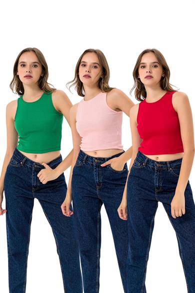 Kadın 3lü Paket Bisiklet Yaka Pamuklu Örme Bluz