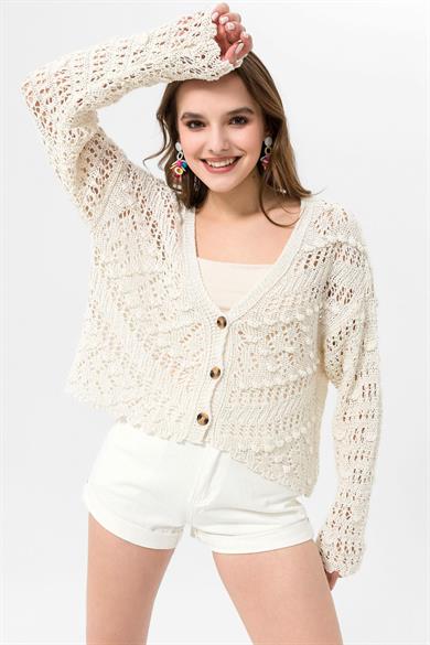 Kadın Ajurlu Crop Triko Hırka 245060 -