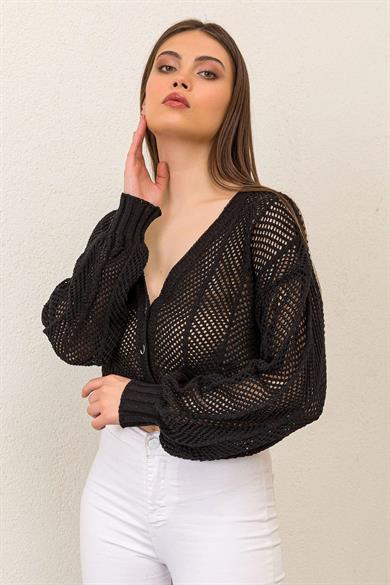Kadın Ajurlu Crop Triko Hırka