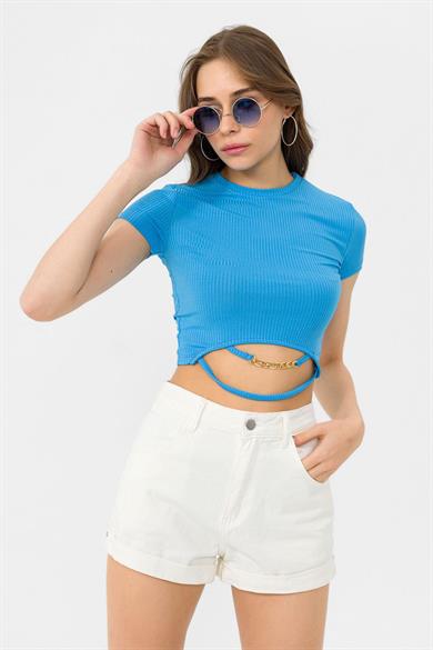 Kadın Altı Zincir Detaylı Kaşkorse Crop Tişört 240040 -